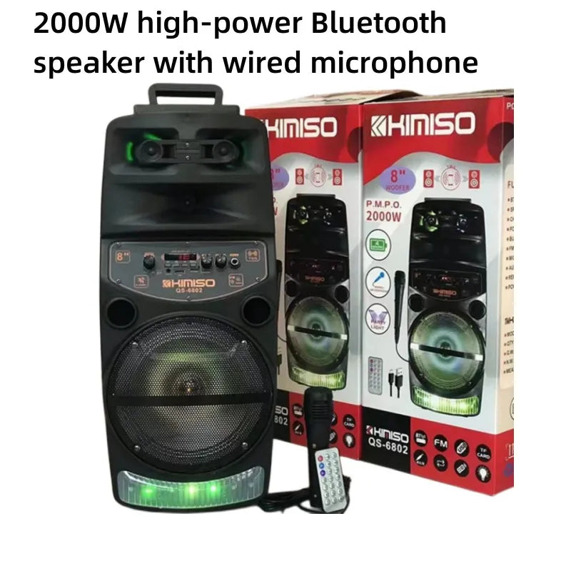 2000W High-power Outdoor Speaker LED Trolley Case Portable FM Radio Bluetooth Boombox with Wired Microphone Household Karaoke