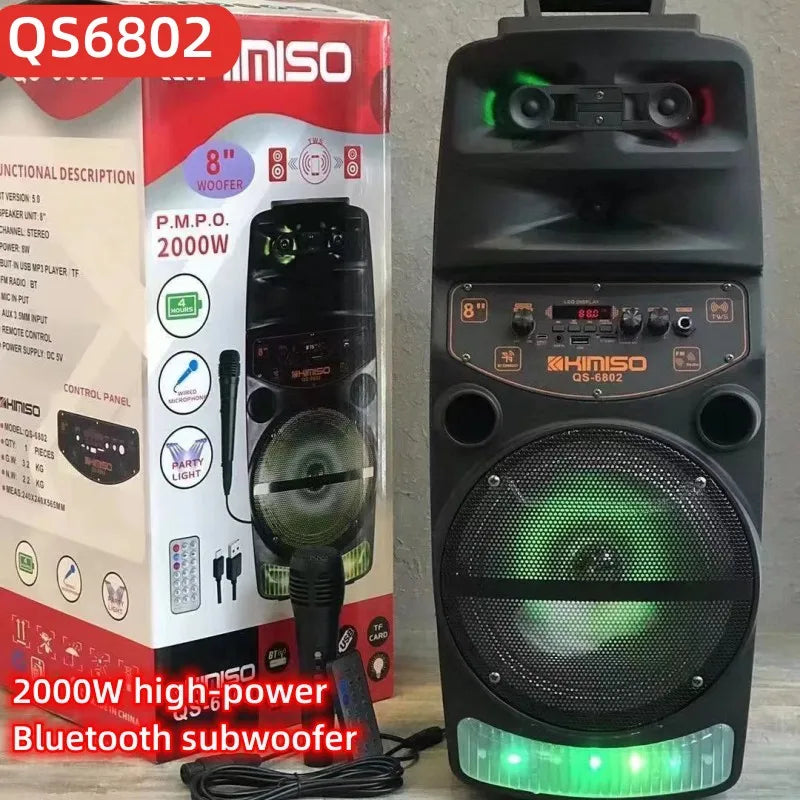 2000W High-power Outdoor Speaker LED Trolley Case Portable FM Radio Bluetooth Boombox with Wired Microphone Household Karaoke